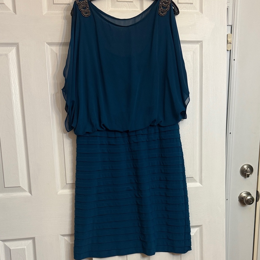 Xscape Deep Blue Dress with Beaded Shoulders